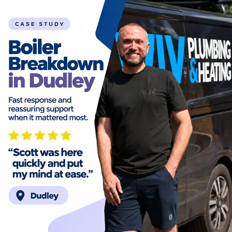 Scott from WLV Plumbing & Heating beside the company van, boiler breakdown case study in Dudley
