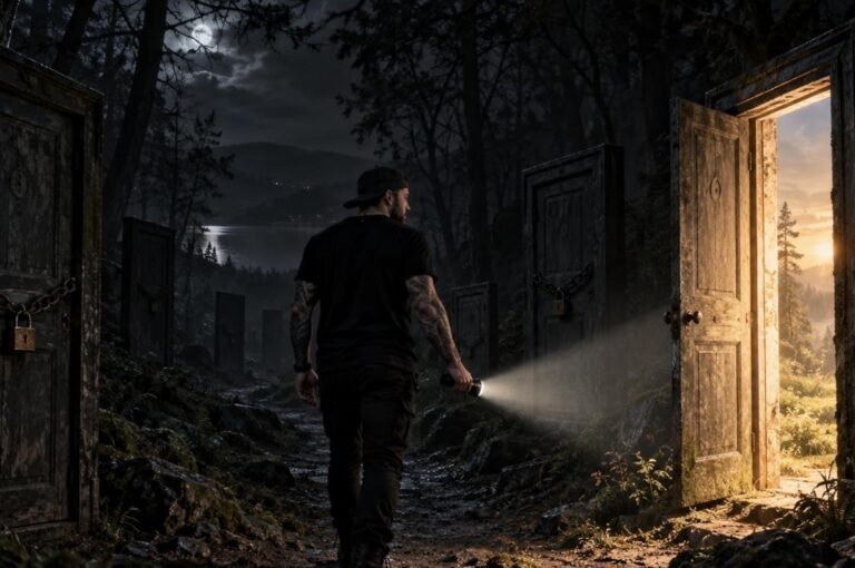 Person with a torch opening a lit door in a dark forest